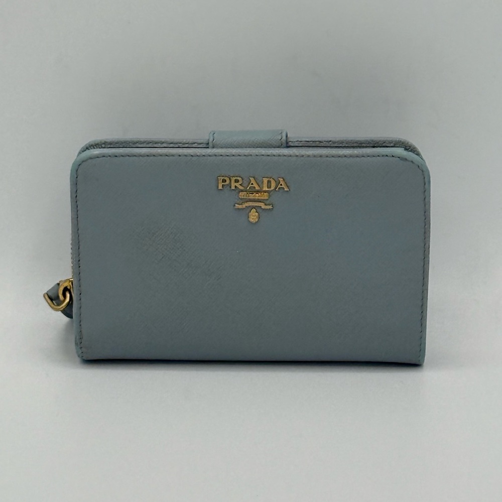 Prada Light Blue Saffiano Leather Zip Wallet with Gold-tone Logo